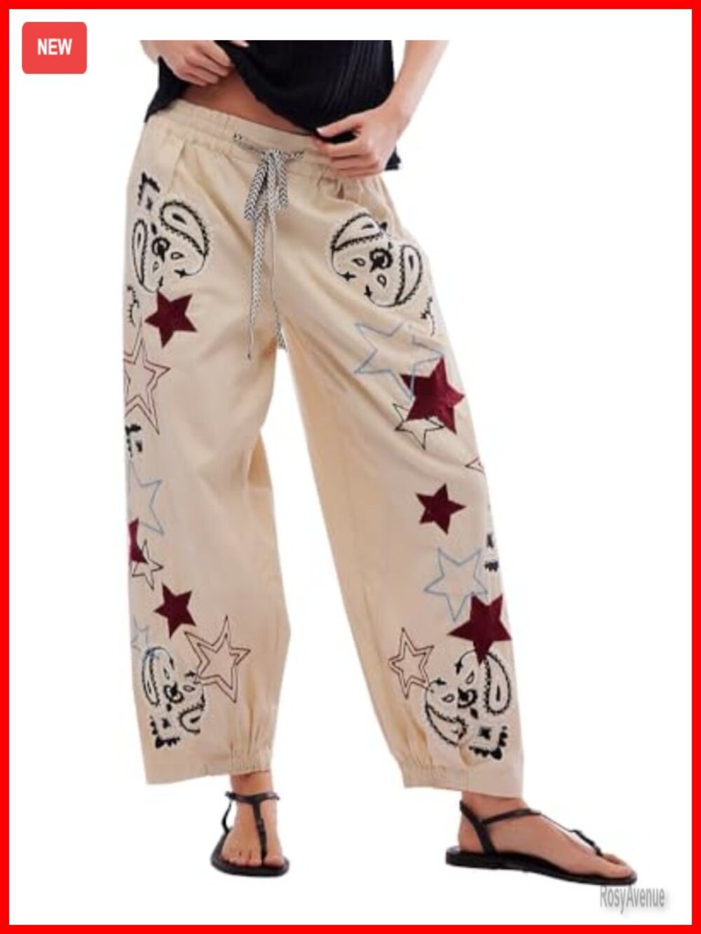 Mid Rise Wide Leg Barrel Jeans Boyfriend Baggy Pull On Embroidered